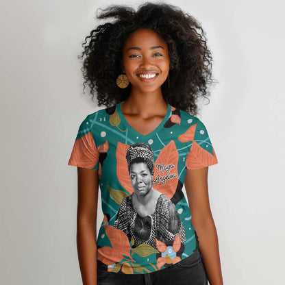 Maya Angelou Women V-Neck T-Shirt Inspirational Quote Design Vibrant Teal and Orange Leaf Motif - African Pride