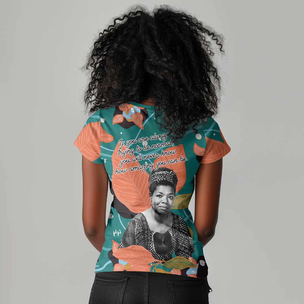 Maya Angelou Women V-Neck T-Shirt Inspirational Quote Design Vibrant Teal and Orange Leaf Motif - African Pride