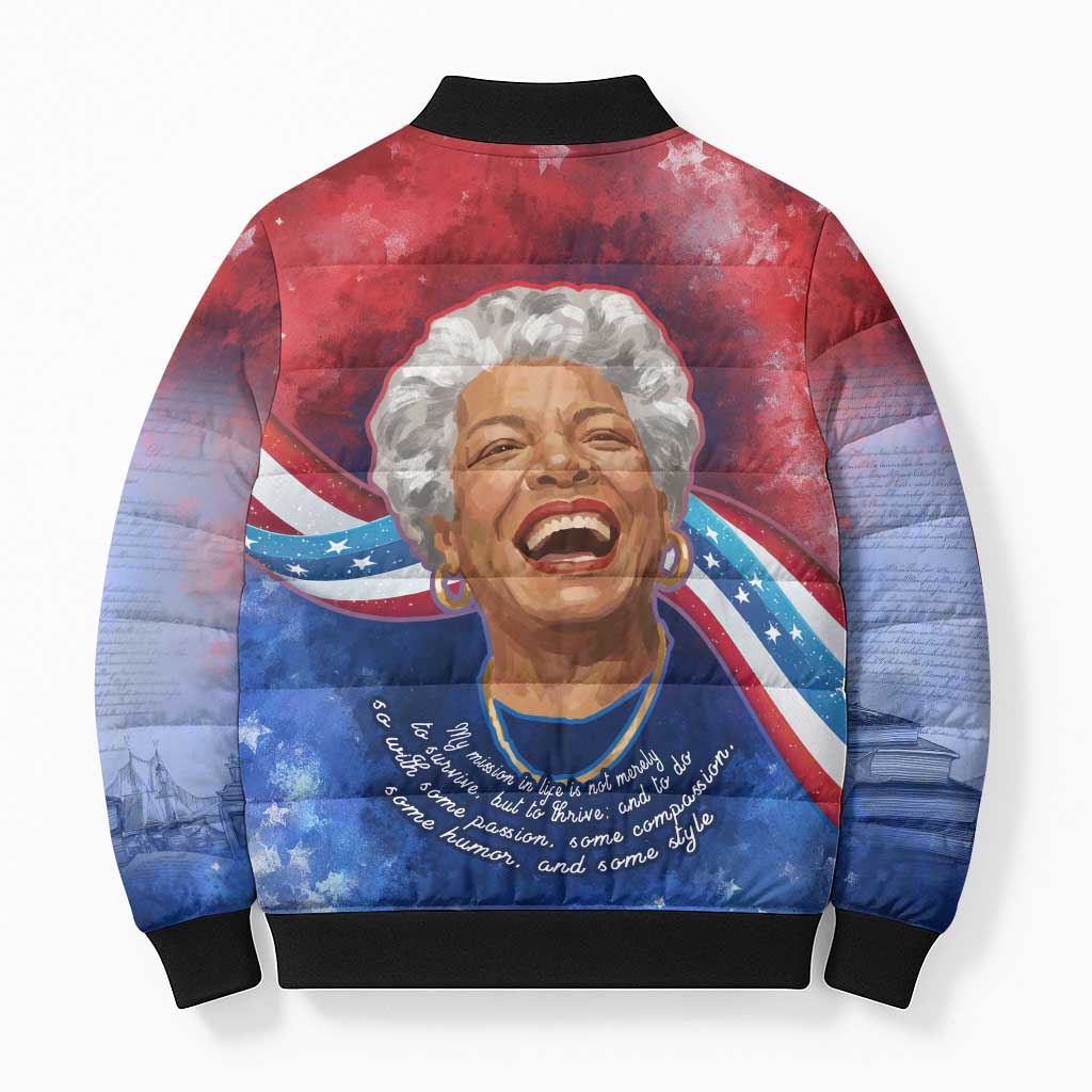 Maya Angelou Bomber Puffer Jacket Inspirational Life Mission Quote Celebration of Joy Passion and Compassion - African Pride