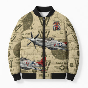 Double V Campaign Tuskegee Airmen Bomber Puffer Jacket Vintage Military Aviation P-51 Mustang World War II Art