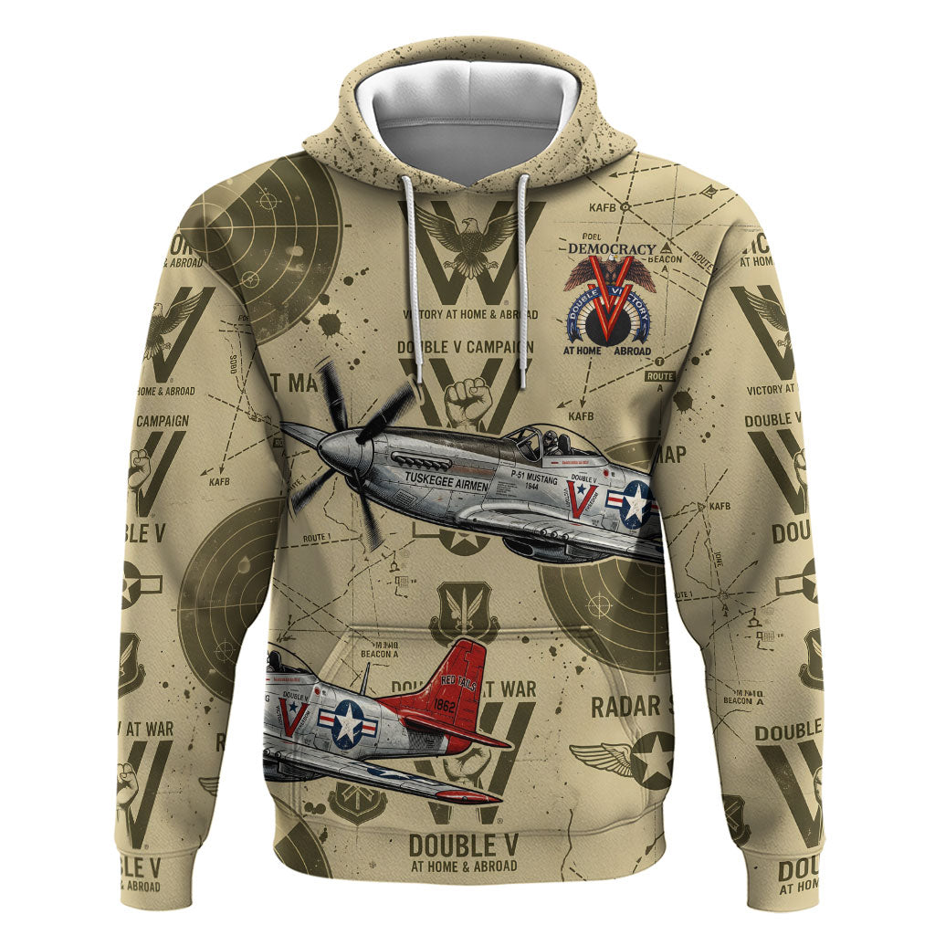 Double V Campaign Tuskegee Airmen Hoodie Vintage Military Aviation P-51 Mustang World War II Art