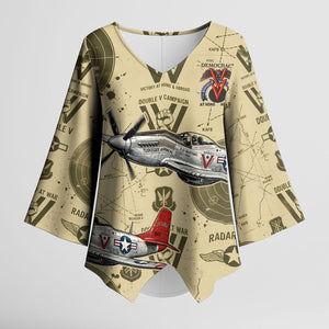 Double V Campaign Tuskegee Airmen Kimono Sleeve Blouse Vintage Military Aviation P-51 Mustang World War II Art