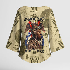 Double V Campaign Tuskegee Airmen Kimono Sleeve Blouse Vintage Military Aviation P-51 Mustang World War II Art
