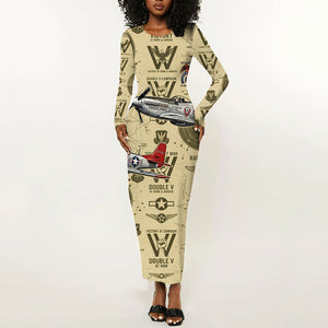 Double V Campaign Tuskegee Airmen Long Sleeve Bodycon Dress Vintage Military Aviation P-51 Mustang World War II Art