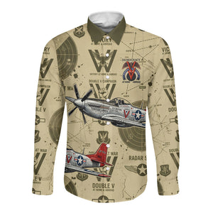 Double V Campaign Tuskegee Airmen Long Sleeve Button Shirt Vintage Military Aviation P-51 Mustang World War II Art