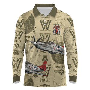 Double V Campaign Tuskegee Airmen Long Sleeve Polo Shirt Vintage Military Aviation P-51 Mustang World War II Art