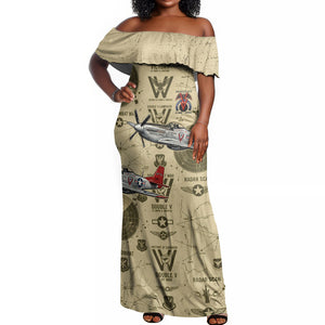 Double V Campaign Tuskegee Airmen Off Shoulder Maxi Dress Vintage Military Aviation P-51 Mustang World War II Art