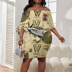 Double V Campaign Tuskegee Airmen Off Shoulder Short Dress Vintage Military Aviation P-51 Mustang World War II Art