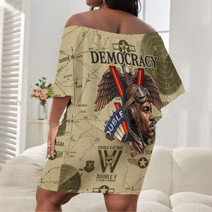 Double V Campaign Tuskegee Airmen Off Shoulder Short Dress Vintage Military Aviation P-51 Mustang World War II Art