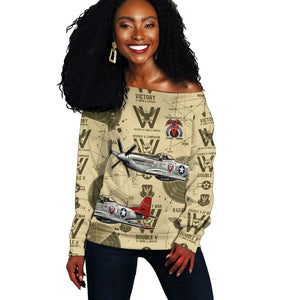 Double V Campaign Tuskegee Airmen Off Shoulder Sweater Vintage Military Aviation P-51 Mustang World War II Art