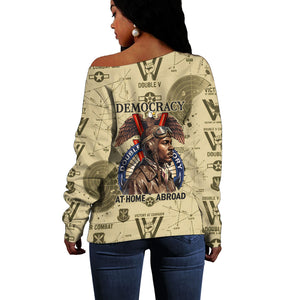 Double V Campaign Tuskegee Airmen Off Shoulder Sweater Vintage Military Aviation P-51 Mustang World War II Art