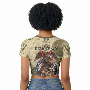 Double V Campaign Tuskegee Airmen Raglan Cropped T shirt Vintage Military Aviation P-51 Mustang World War II Art