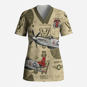 Double V Campaign Tuskegee Airmen Scrub Top Vintage Military Aviation P-51 Mustang World War II Art