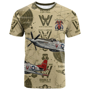 Double V Campaign Tuskegee Airmen T shirt Vintage Military Aviation P-51 Mustang World War II Art
