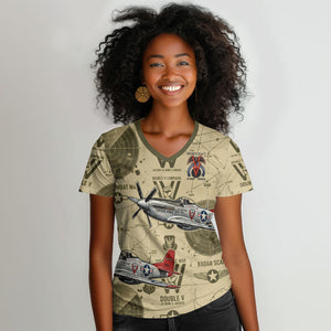Double V Campaign Tuskegee Airmen Women V-Neck T-Shirt Vintage Military Aviation P-51 Mustang World War II Art