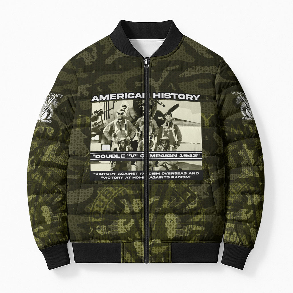 Double V Campaign American History 1942 Bomber Puffer Jacket Military Camouflage Tuskegee Airmen World War II