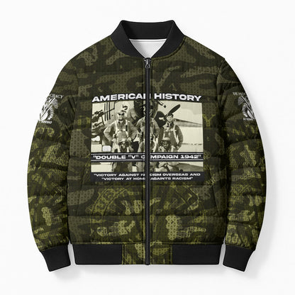 Double V Campaign American History 1942 Bomber Puffer Jacket Military Camouflage Tuskegee Airmen World War II