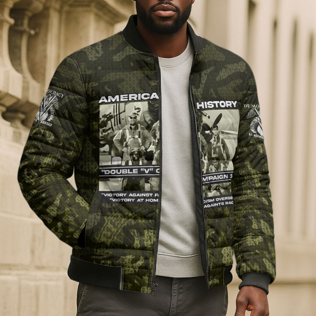 Double V Campaign American History 1942 Bomber Puffer Jacket Military Camouflage Tuskegee Airmen World War II