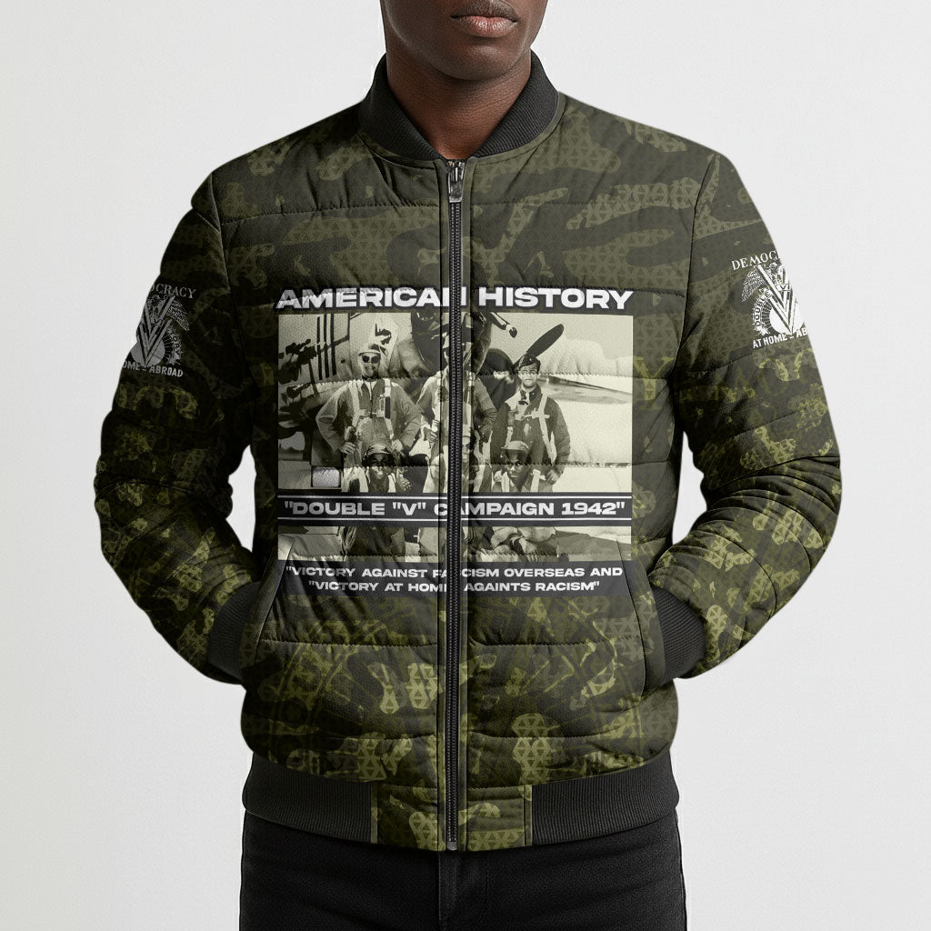 Double V Campaign American History 1942 Bomber Puffer Jacket Military Camouflage Tuskegee Airmen World War II