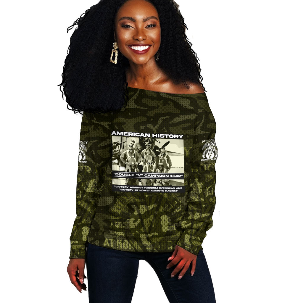 Double V Campaign American History 1942 Off Shoulder Sweater Military Camouflage Tuskegee Airmen World War II