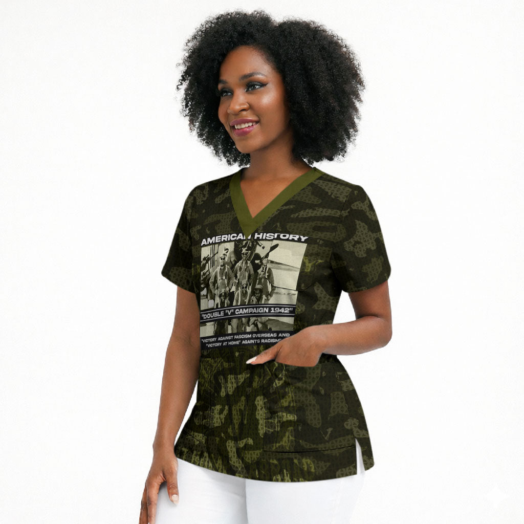 Double V Campaign American History 1942 Scrub Top Military Camouflage Tuskegee Airmen World War II