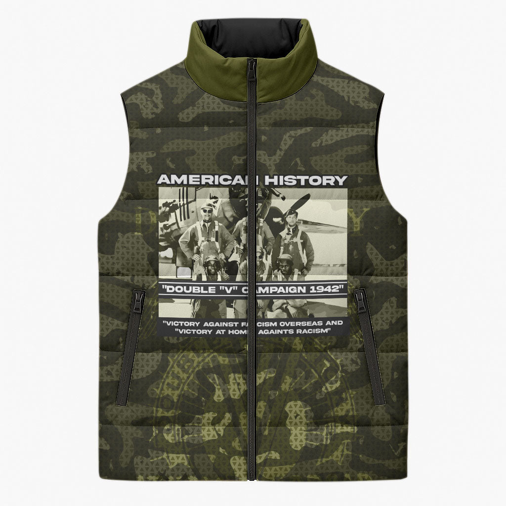 Double V Campaign American History 1942 Sleeveless Puffer Jacket Military Camouflage Tuskegee Airmen World War II
