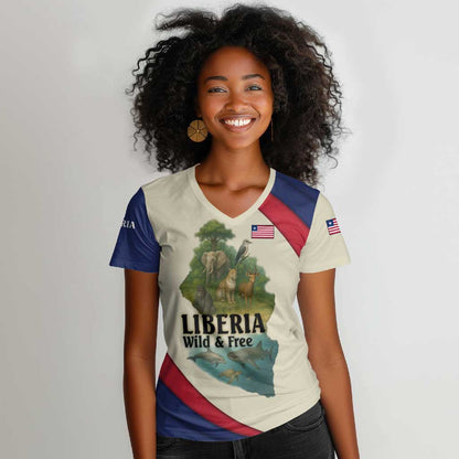 Liberia Wildlife Women V-Neck T-Shirt African Safari and Ocean Marine Life - African Pride