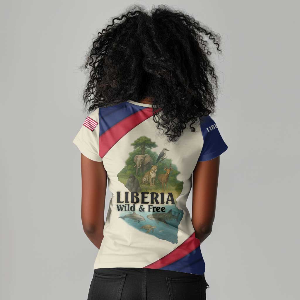 Liberia Wildlife Women V-Neck T-Shirt African Safari and Ocean Marine Life - African Pride