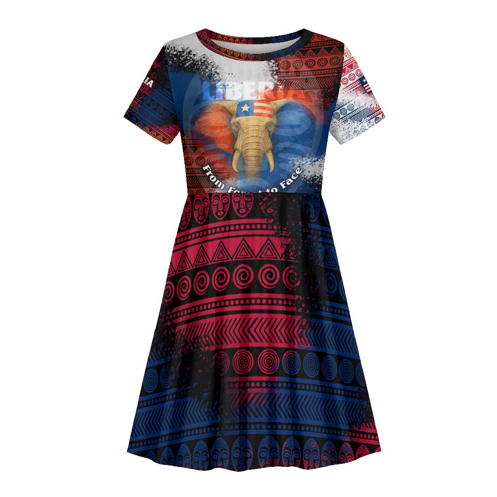 Liberia Elephant Power of Tradition Kid Short Sleeve Dress Tribal Red Blue Splash - African Pride