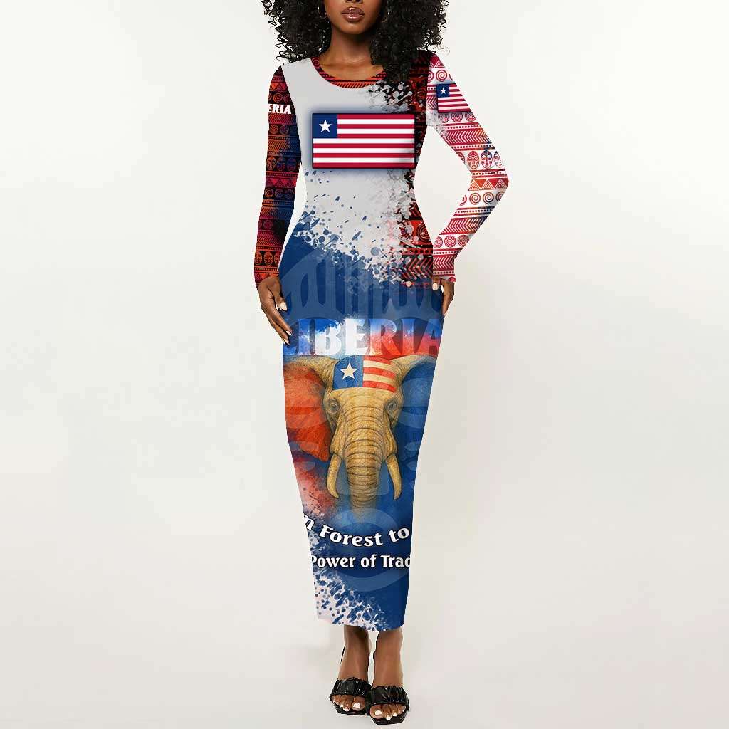 Liberia Elephant Power of Tradition Long Sleeve Bodycon Dress Tribal Red Blue Splash - African Pride