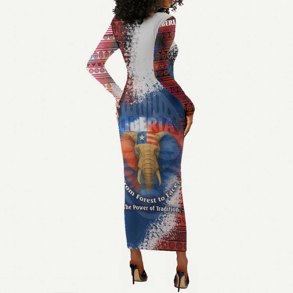 Liberia Elephant Power of Tradition Long Sleeve Bodycon Dress Tribal Red Blue Splash - African Pride
