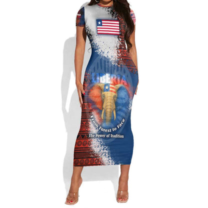 Liberia Elephant Power of Tradition Short Sleeve Bodycon Dress Tribal Red Blue Splash - African Pride
