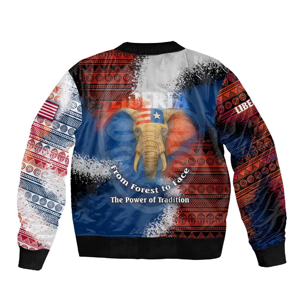 Liberia Elephant Power of Tradition Sleeve Zip Bomber Jacket Tribal Red Blue Splash - African Pride