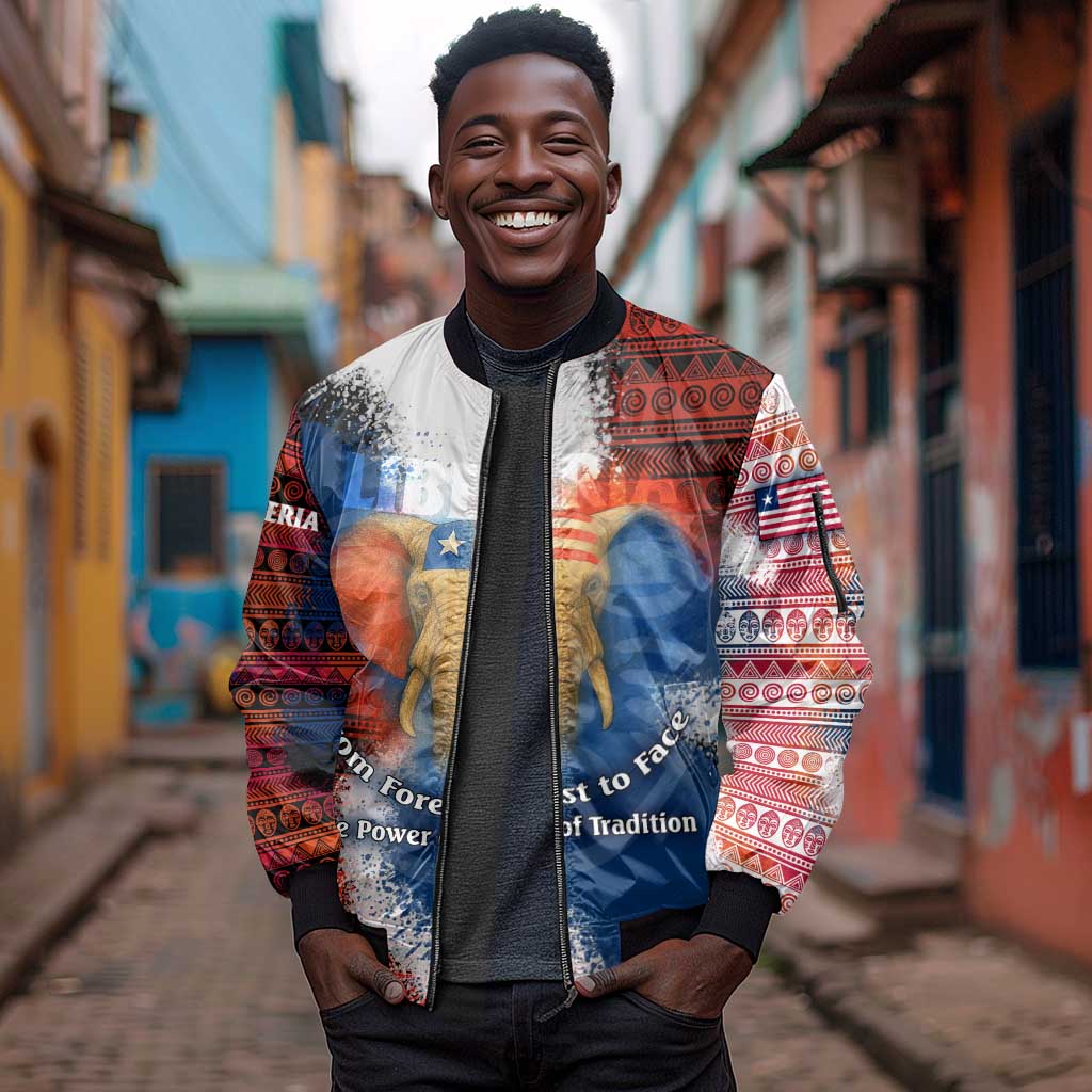 Liberia Elephant Power of Tradition Sleeve Zip Bomber Jacket Tribal Red Blue Splash - African Pride