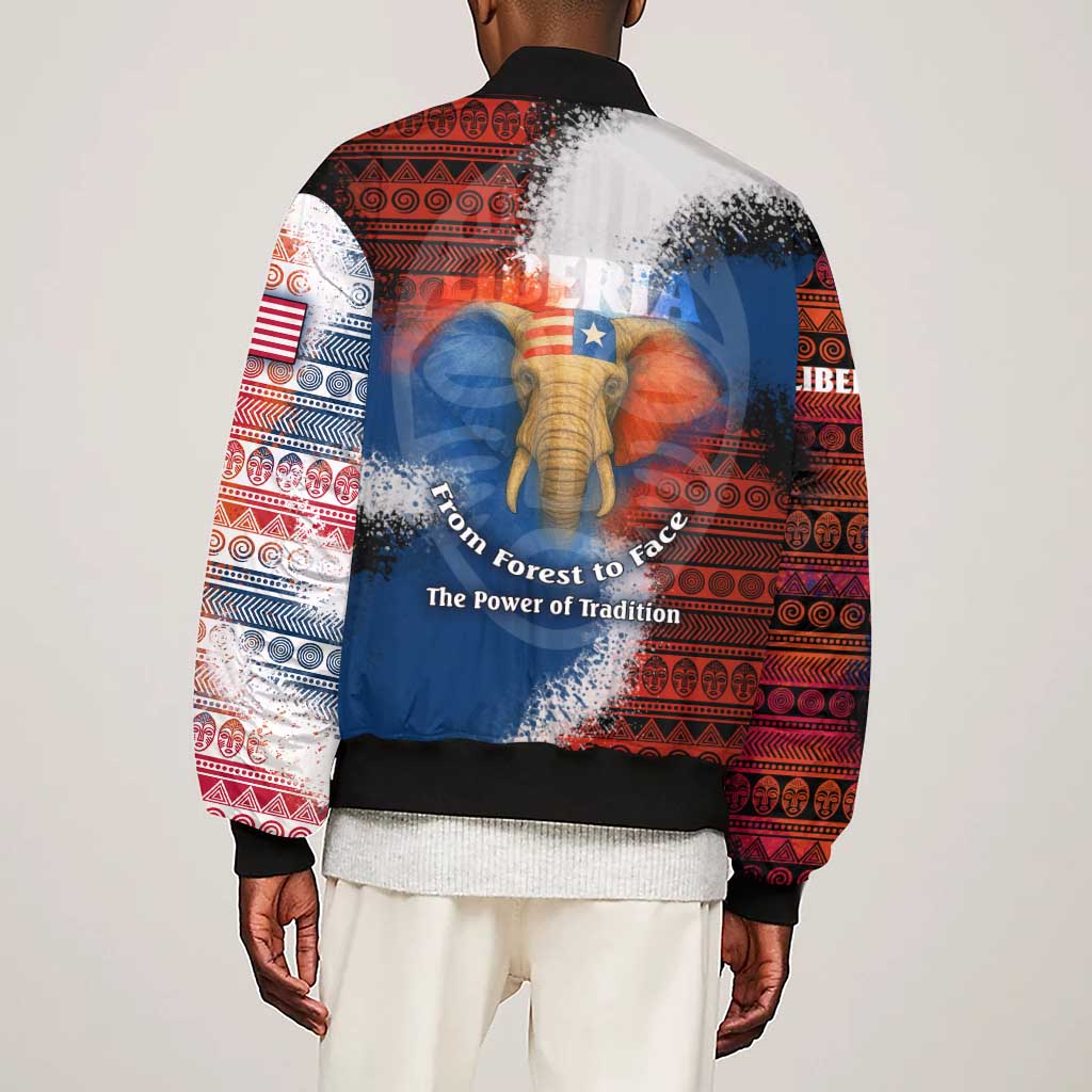 Liberia Elephant Power of Tradition Sleeve Zip Bomber Jacket Tribal Red Blue Splash - African Pride