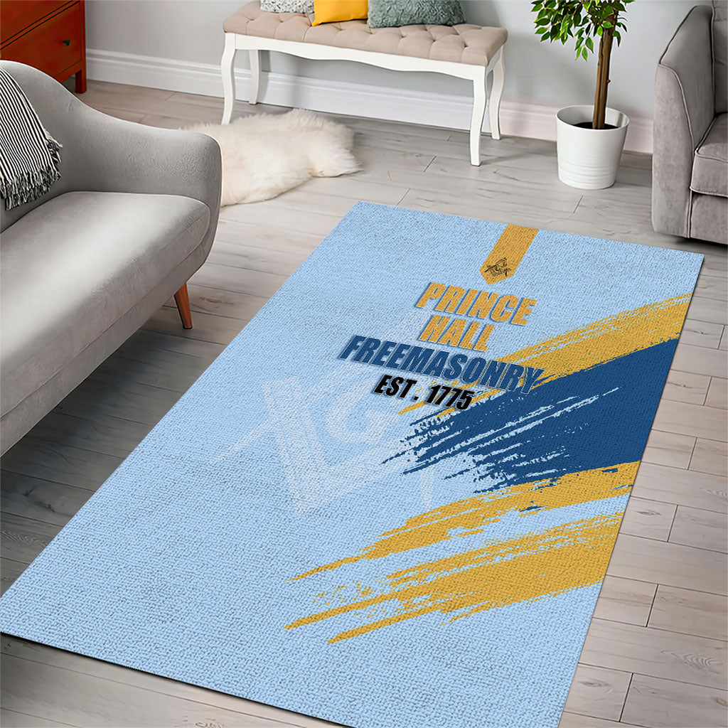 Prince Hall Freemasonry Area Rug Vintage Brush Stroke Masonic Blue Gold Graphic