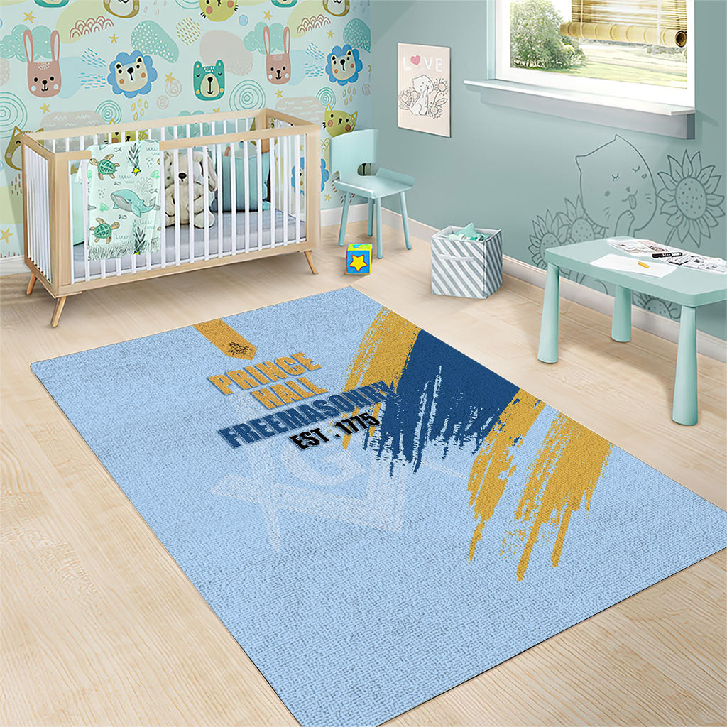 Prince Hall Freemasonry Area Rug Vintage Brush Stroke Masonic Blue Gold Graphic