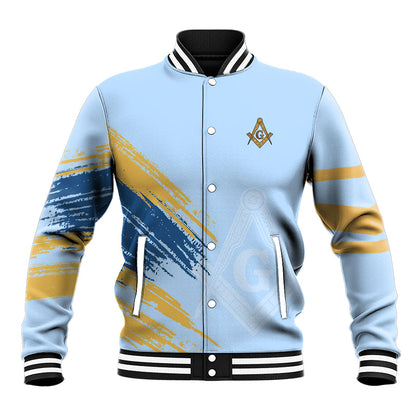 Prince Hall Freemasonry Baseball Jacket Vintage Brush Stroke Masonic Blue Gold Graphic