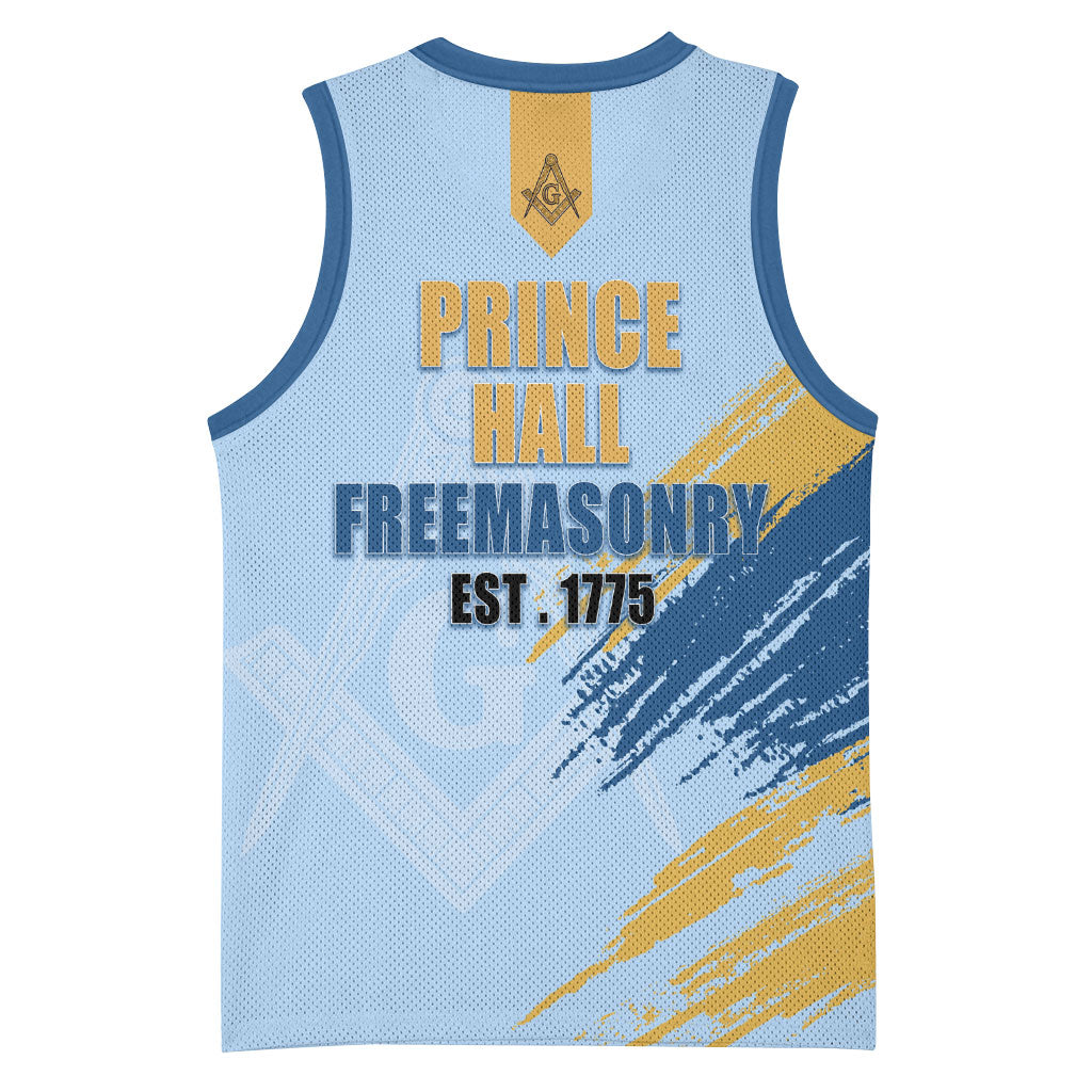 Prince Hall Freemasonry Basketball Jersey Vintage Brush Stroke Masonic Blue Gold Graphic