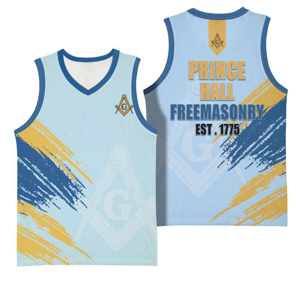 Prince Hall Freemasonry Basketball Jersey Vintage Brush Stroke Masonic Blue Gold Graphic