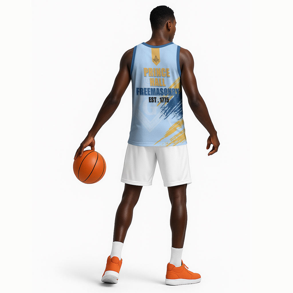 Prince Hall Freemasonry Basketball Jersey Vintage Brush Stroke Masonic Blue Gold Graphic
