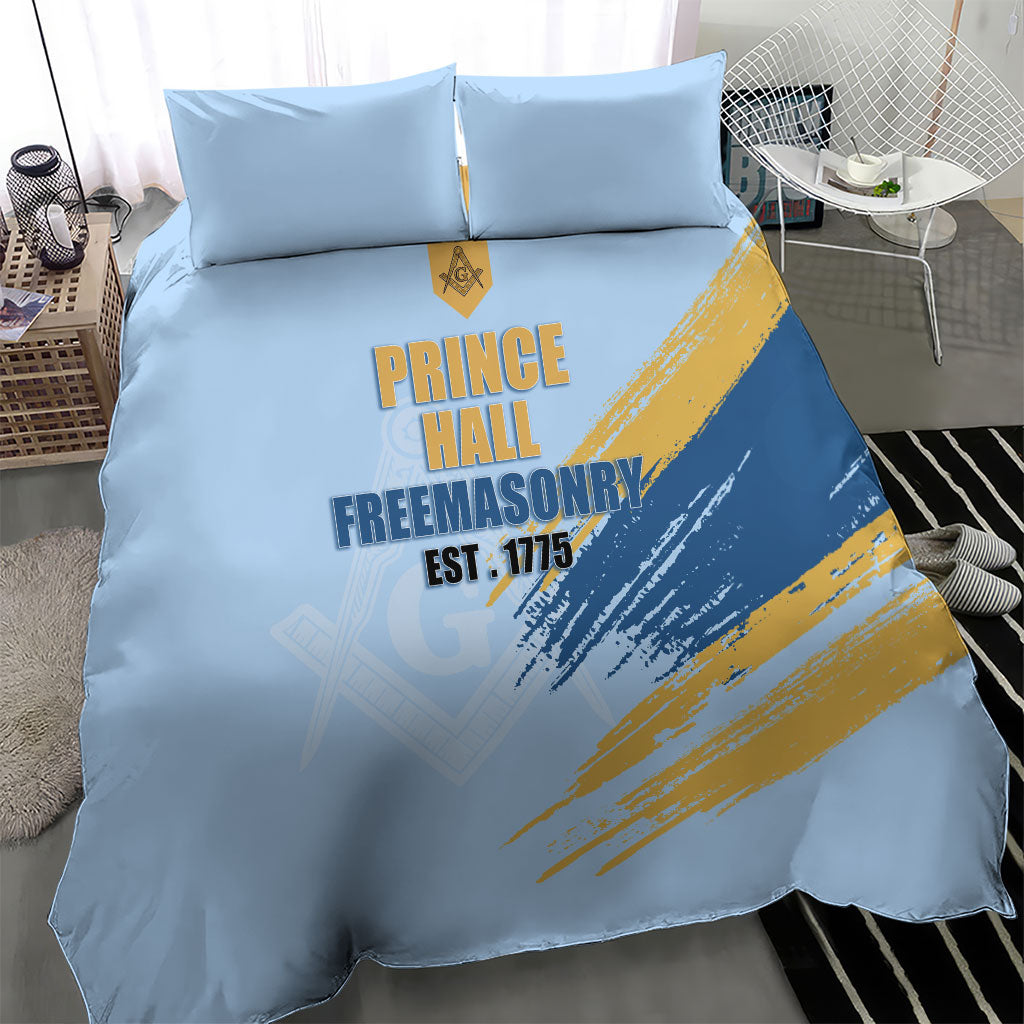Prince Hall Freemasonry Bedding Set Vintage Brush Stroke Masonic Blue Gold Graphic