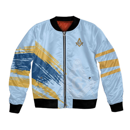 Prince Hall Freemasonry Bomber Jacket Vintage Brush Stroke Masonic Blue Gold Graphic