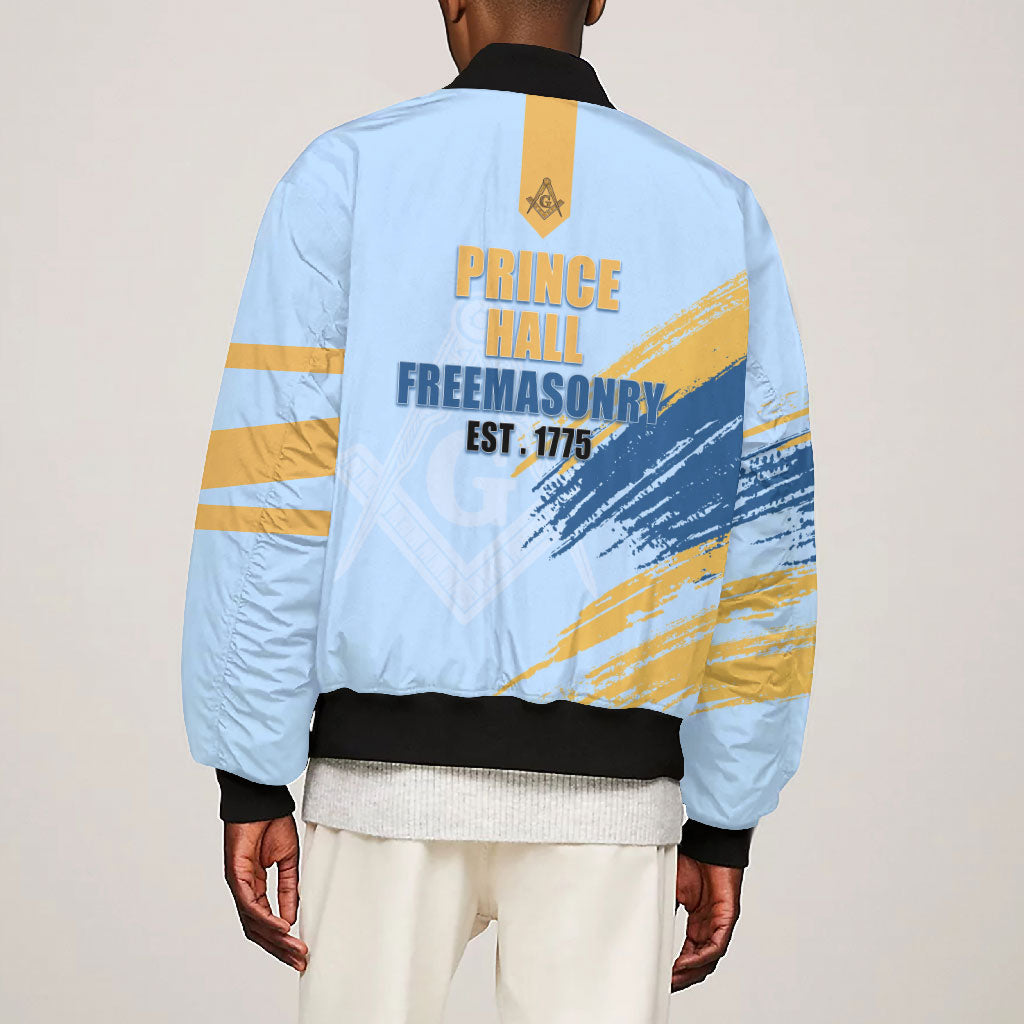Prince Hall Freemasonry Bomber Jacket Vintage Brush Stroke Masonic Blue Gold Graphic