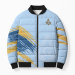 Prince Hall Freemasonry Bomber Puffer Jacket Vintage Brush Stroke Masonic Blue Gold Graphic
