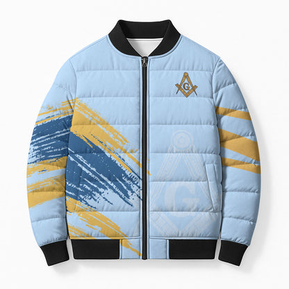 Prince Hall Freemasonry Bomber Puffer Jacket Vintage Brush Stroke Masonic Blue Gold Graphic