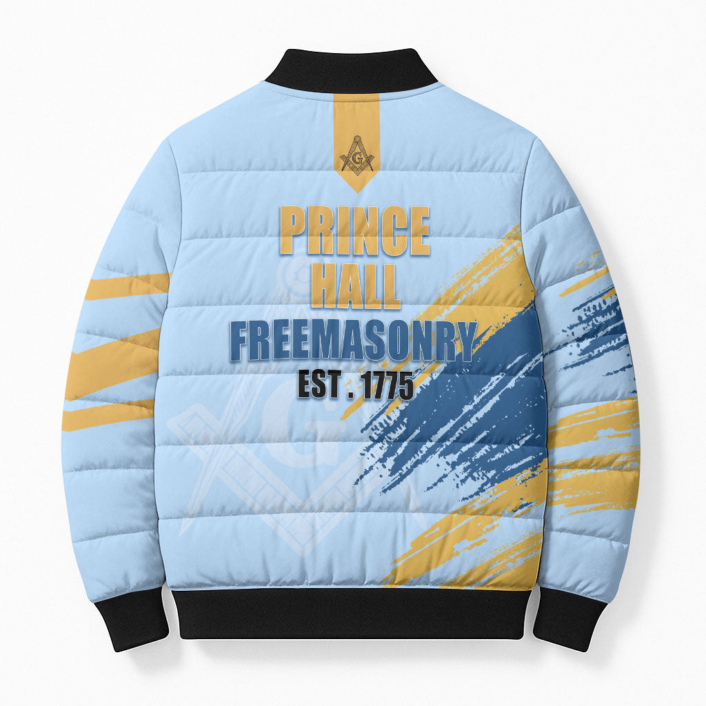 Prince Hall Freemasonry Bomber Puffer Jacket Vintage Brush Stroke Masonic Blue Gold Graphic