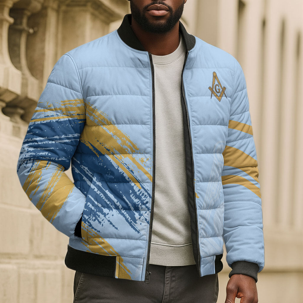 Prince Hall Freemasonry Bomber Puffer Jacket Vintage Brush Stroke Masonic Blue Gold Graphic