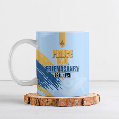 Prince Hall Freemasonry Ceramic Mug Vintage Brush Stroke Masonic Blue Gold Graphic