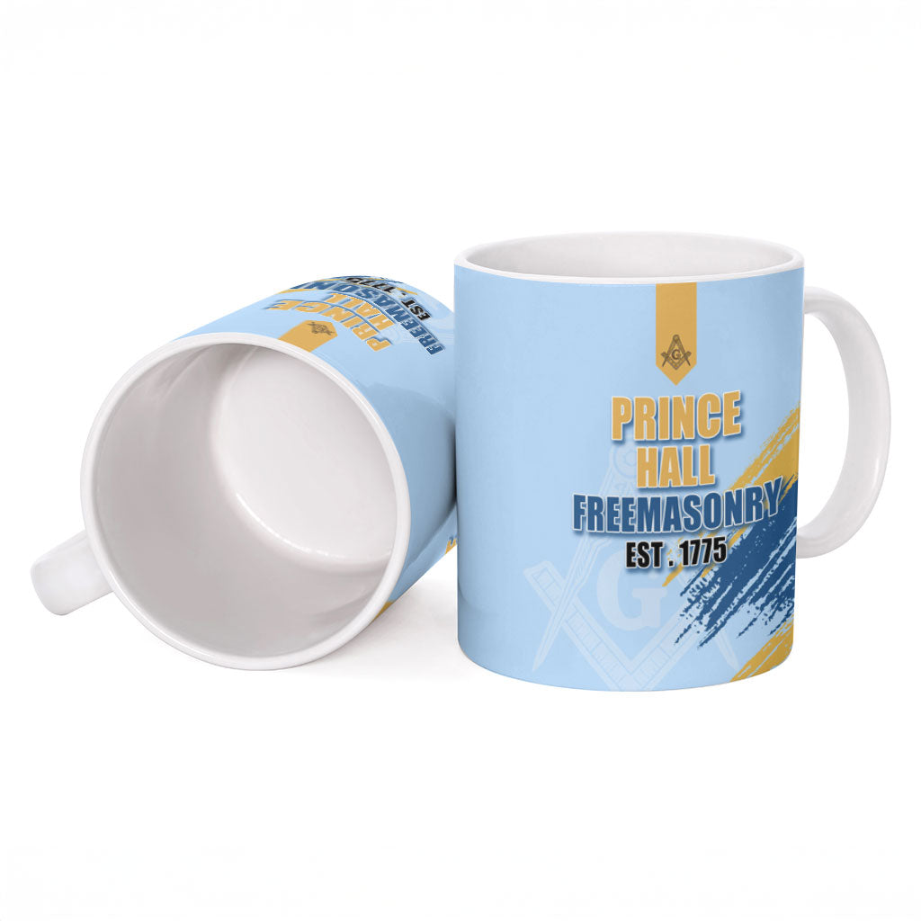 Prince Hall Freemasonry Ceramic Mug Vintage Brush Stroke Masonic Blue Gold Graphic